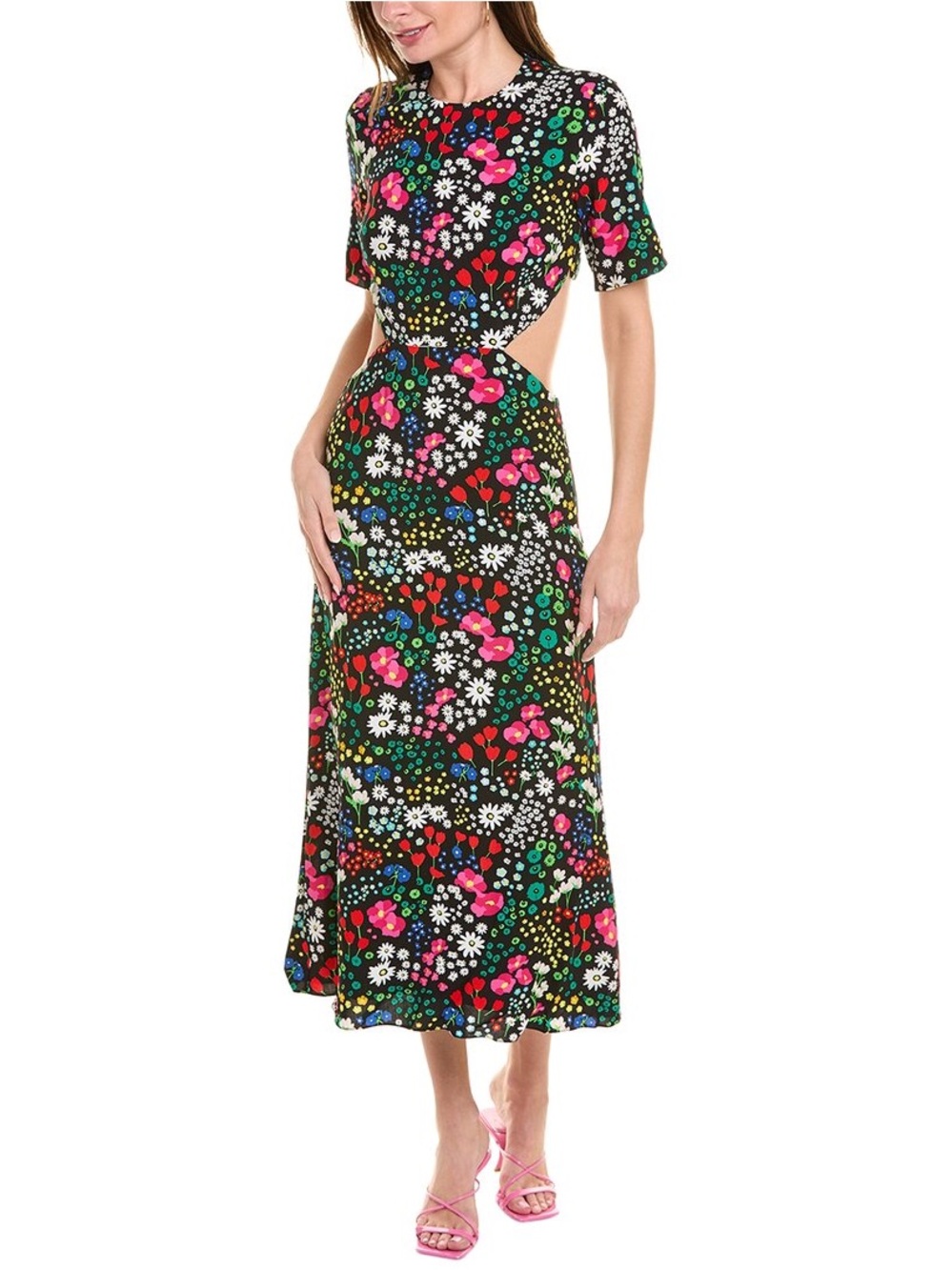 THE KOOPLES Joyful Flowers Black Floral Cutout Midi Dress Sz 1 (Small)
